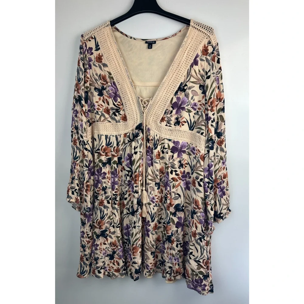 Torrid Mini Gauze Lace-Up Skater Dress Bell Sleeve Floral Plus Size 3 3X Boho - Picture 15 of 16